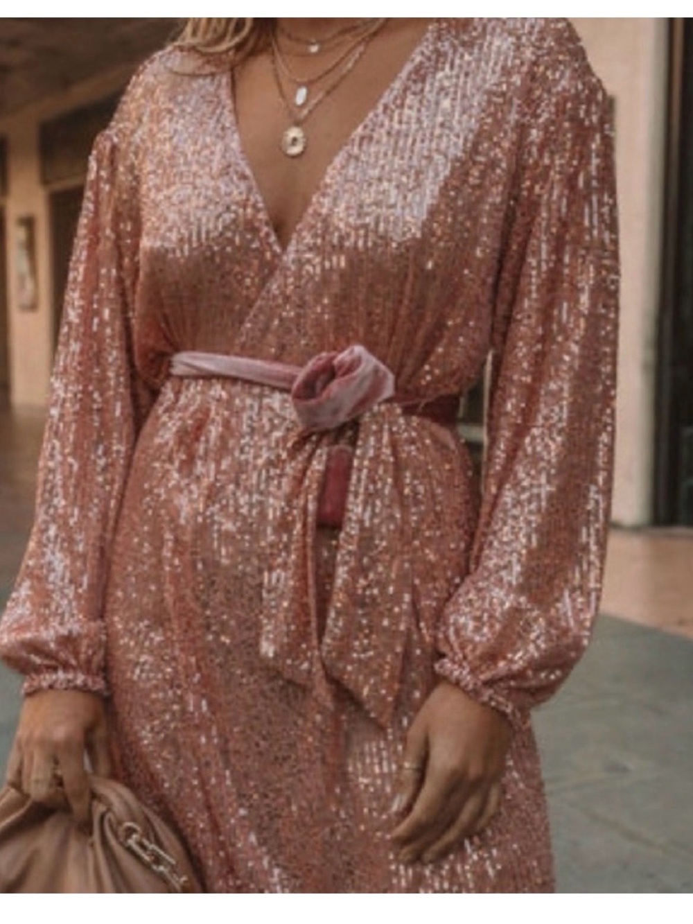 Vici Rose Gold Sequin Wrap Romper with Velvet Tie - Picture 2 of 8
